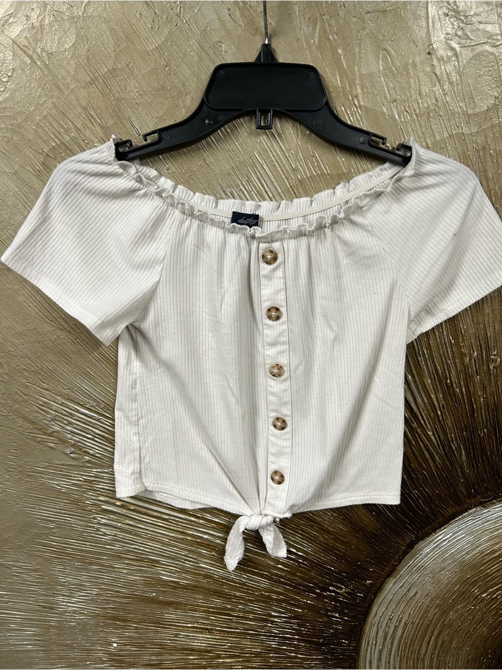 Girls Daytrip Off-Shoulder or on shoulder White Button-Front Tie Hem Top -